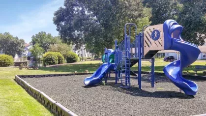 A colorful children’s playground with blue slides and climbing structures, set in a lush green park with scenic views.