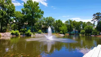 A tranquil pond with a central water fountain, surrounded by mature trees and apartment buildings under a bright blue sky.