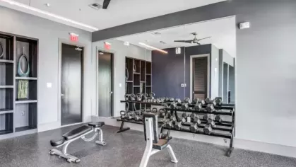 A free weights and strength training area with mirrors and workout benches.