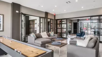 A lounge space with comfortable seating, a shuffleboard table, and glass-paneled doors.