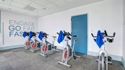 Dedicated indoor cycling studio with stationary bikes and motivational wall art.