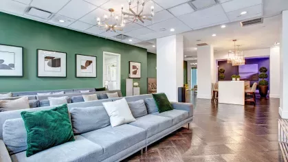 Inviting lounge area with plush seating, green accent walls, and stylish decor for relaxation or social gatherings.