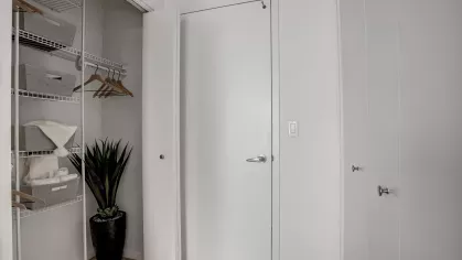 A chic walk-in closet with organized shelving and hanging space, accented with a touch of greenery, ideal for keeping belongings neatly stored.