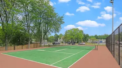 Well-maintained tennis court with a green and red surface, surrounded by trees and a tall fence.