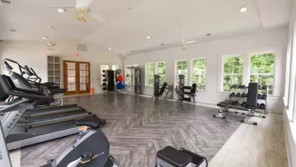 A fully equipped fitness center at Vista At Town Green, designed with modern flooring, ample windows, and a selection of strength training equipment and free weights.