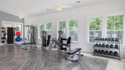 A weight training and resistance workout area at Vista At Town Green, complete with strength machines, free weights, and stability balls for a comprehensive fitness experience.