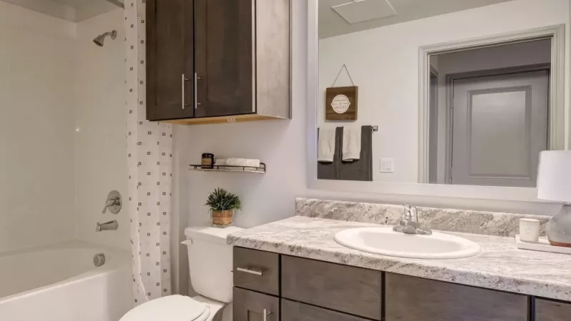 Modern bathroom with granite countertops, wood cabinetry, and a combination shower and bathtub at The Emerson at Forney.