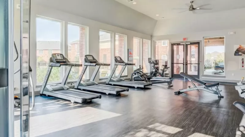 Well-equipped gym with treadmills, rowing machines, and a bright, airy design at The Emerson at Forney Apartments.