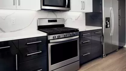 Close-up of a gourmet kitchen at The Linden Luxury Apartments showcasing stainless steel appliances and elegant black and white cabinetry.