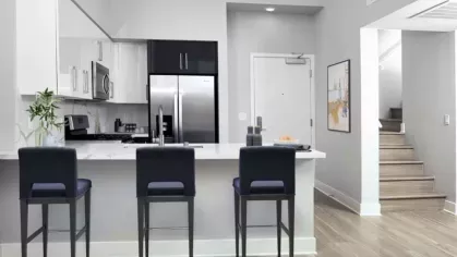 Beautifully designed living room at The Linden Luxury Apartments with large windows, eclectic decor, and a view of the city skyline.