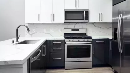Close-up of a gourmet kitchen at The Linden Luxury Apartments showcasing stainless steel appliances and elegant black and white cabinetry.