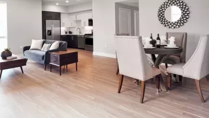 Spacious open-concept apartment at The Linden with a comfortable seating area, dining space, and modern kitchen.