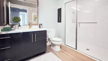 Contemporary bathroom at The Linden Luxury Apartments with a glass-enclosed shower, sleek black vanity, and gold accents.