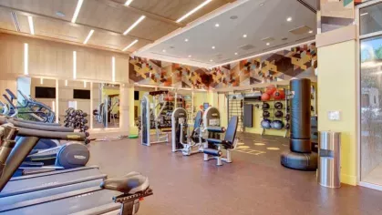 State-of-the-art fitness center at The Linden Luxury Apartments with cardio machines, strength equipment, and vibrant geometric wall design.