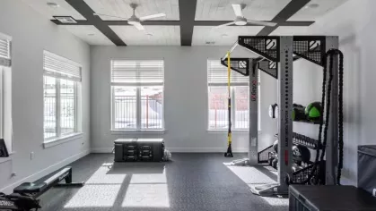 Fitness room showcasing a functional training rig, rowing machine, and ample floor space for diverse workout routines.