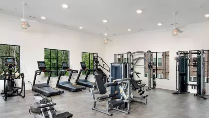A well-equipped fitness center with treadmills, strength machines, and natural light from large windows.