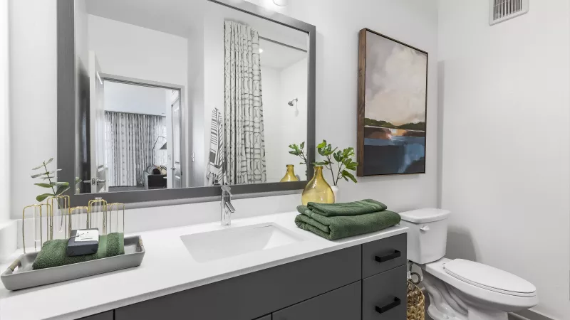 A beautifully designed bathroom with a single vanity, modern black fixtures, decorative accents, and a large mirror reflecting the stylish interior.