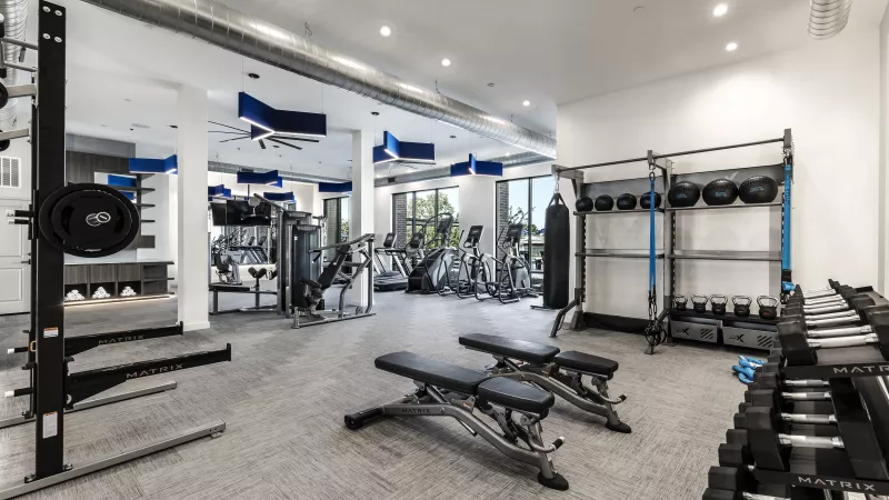 A fully equipped fitness center with strength training equipment, free weights, and open workout space, featuring modern industrial design elements.