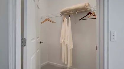 A spacious walk-in closet featuring wire shelving, wooden hangers, and soft neutral tones.