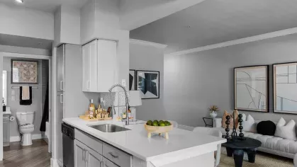 An open-concept kitchen and living room with modern decor, white countertops, and stylish gray accents.