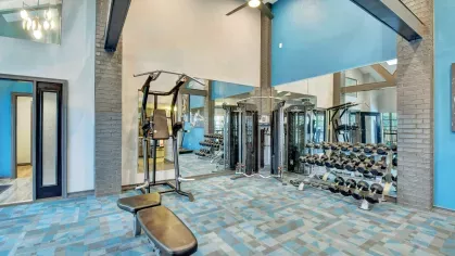 Modern fitness center with mirrored walls, dumbbells, and multi-functional workout equipment