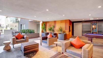 A modern lounge area with comfortable seating, vibrant orange accent walls, and lush greenery, creating a cozy social space.