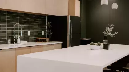 A sleek communal kitchen featuring a long white island, pendant lighting, and stylish barstools, perfect for entertaining and cooking.