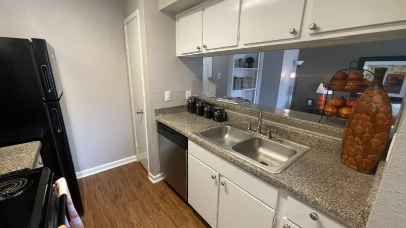 A modern galley kitchen with a dual sink, white cabinetry, and an open pass-through to the living area at The Oaks of Westchase Apartments.