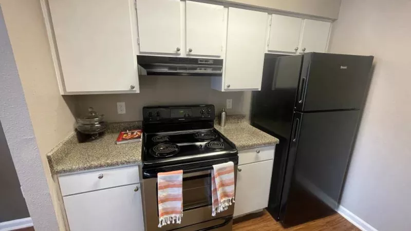 A well-lit kitchen with black electric appliances, a large refrigerator, and stylish countertops for a contemporary look.
