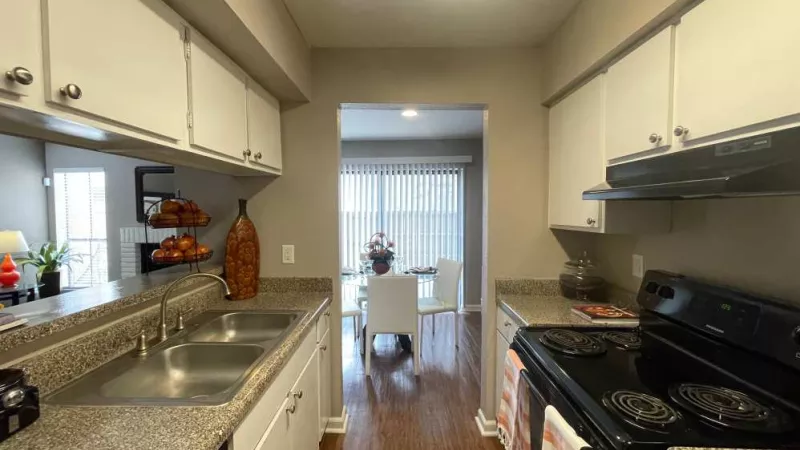 A view of the kitchen leading into the dining area, showcasing the open layout and inviting natural light.