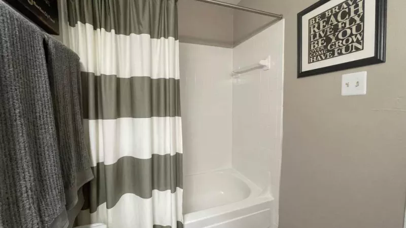 A well-appointed bathroom with a white bathtub, a decorative black-and-white striped shower curtain, and wall art for a stylish touch.
