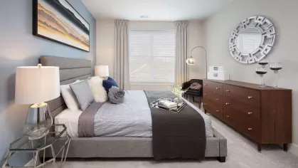 A spacious bedroom with a modern gray upholstered bed, stylish bedding, a wooden dresser, and a large window allowing natural light to brighten the space.