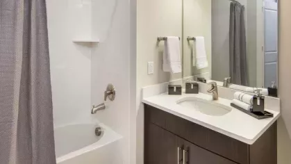 A modern bathroom with a tub-shower combination, soft neutral tones, and a well-lit vanity.