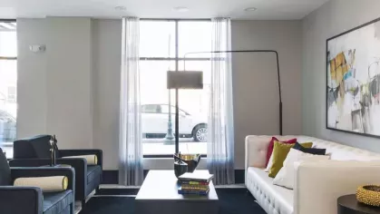 A sophisticated sitting area with modern black-and-white decor, plush furnishings, and artistic wall accents.