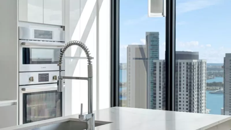 A close-up of a modern kitchen sink with a flexible faucet and a scenic city backdrop.