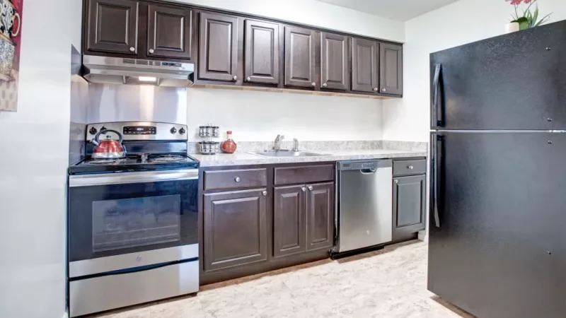 Fully equipped kitchen featuring black appliances, a spacious refrigerator, and sleek dark wood cabinetry at Silver Lake Manor Apartments.