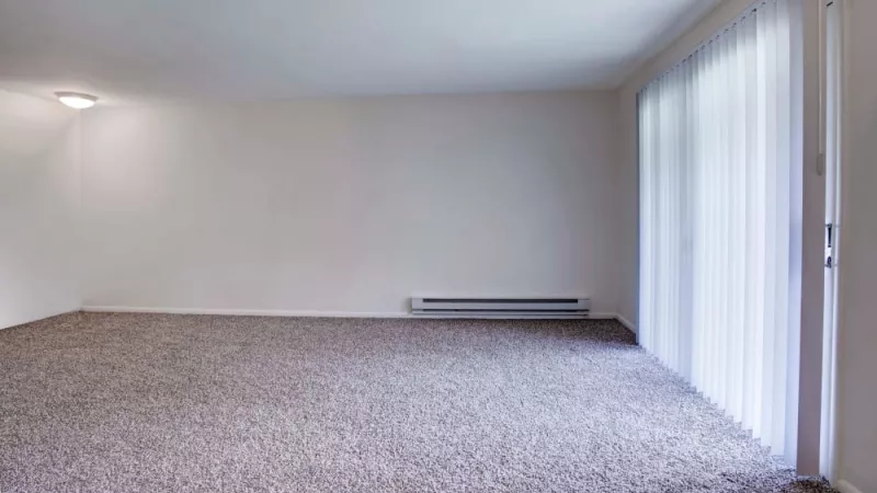 A large, open-concept living room with soft carpeting, illuminated by natural light through a sliding glass door with vertical blinds.