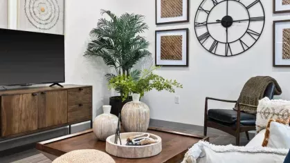 A contemporary living space with a neutral color palette, natural elements, and an inviting entertainment setup.