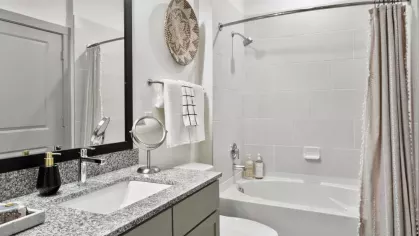 A spa-inspired bathroom featuring a double vanity, granite countertops, and a sleek bathtub.