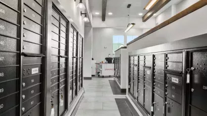 A secure mailroom with black parcel lockers, modern lighting, and a clean, organized design.