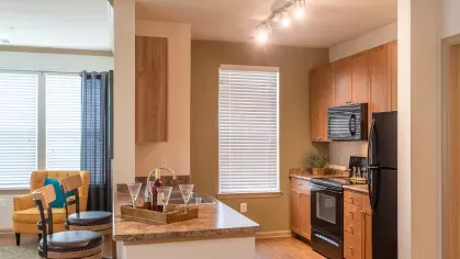 A contemporary kitchen with stylish lighting, wood cabinetry, and modern appliances, seamlessly blending with the adjacent living space.