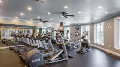 A bright and well-equipped fitness center featuring treadmills, elliptical machines, and large windows for natural light.