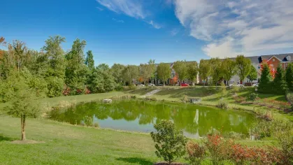 A beautifully landscaped pond surrounded by lush greenery and walking paths, providing a serene escape within the community.