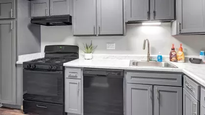 A modern kitchen at Wilson Plaza featuring sleek gray cabinetry with silver handles, a black gas stove with a matching range hood, and a black dishwasher. The kitchen has white marble-style countertops, a stainless steel sink with a high-arc faucet, and under-cabinet lighting. A small potted plant adds a touch of greenery, while soap dispensers and kitchen essentials are neatly arranged on the counter.