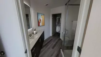 Bathroom in Nari Koreatown penthouse with walk-in shower, marble-style vanity, and adjacent walk-in closet