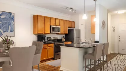 Virtually staged apartment kitchen and dining area with modern furniture, stainless steel appliances, and stylish decor at Grandview at Lake Murray.
