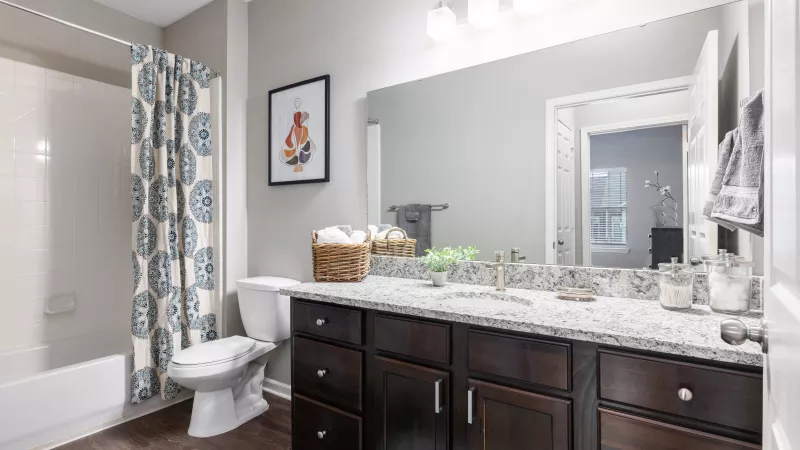 Bathroom with granite countertop, dark wood cabinetry, and modern fixtures at Lauren Ridge Apartments.