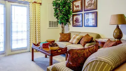 Comfortable living space with striped sofas, coffee table, and nature-inspired décor