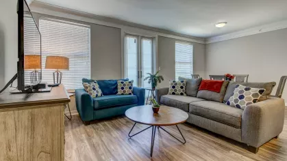 Bright and airy living space with hardwood-style flooring and oversized windows at The Saulet Apartments