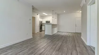 Open-concept floor plan featuring a modern kitchen and expansive living area at The Saulet Apartments in New Orleans